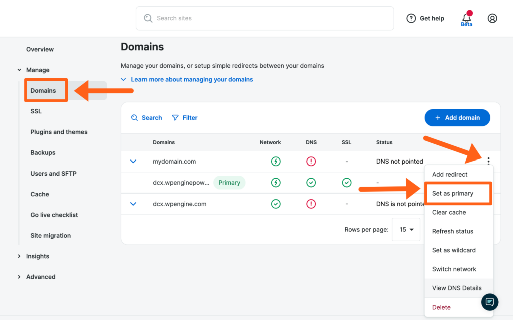 Screenshot of an environment's Domains page in the WP Engine User Portal showing where to set a domain as the Primary Domain