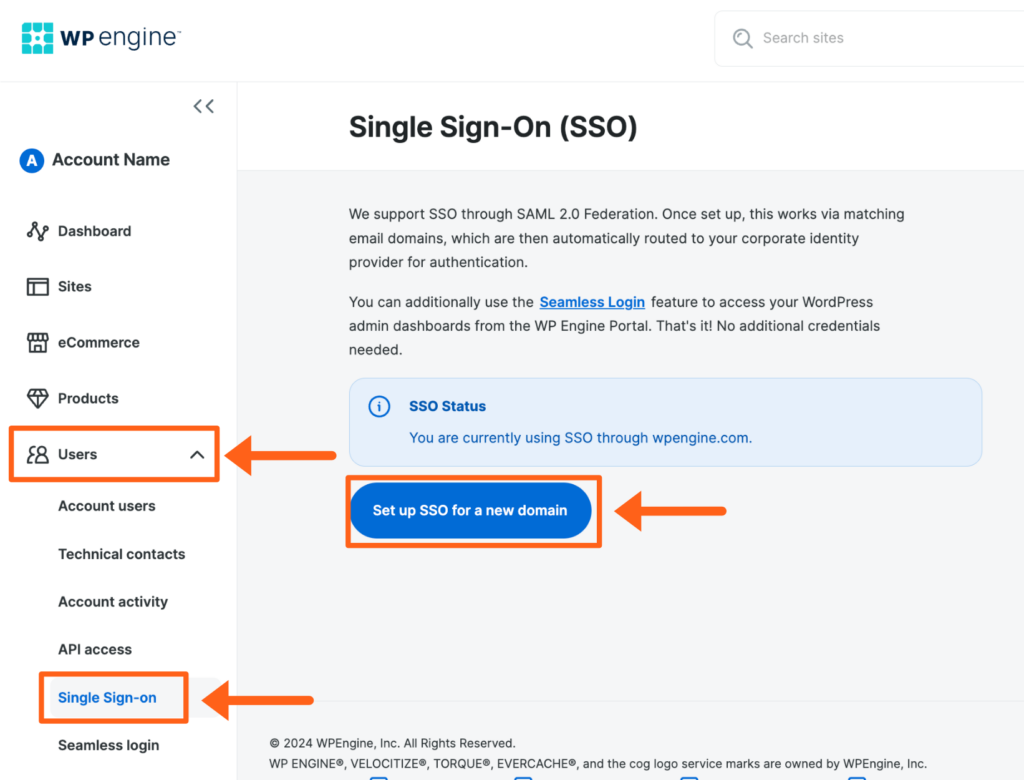 Screenshot of the Single Sign-on page in the WP Engine User Portal showing where to set up SSO for a new domain