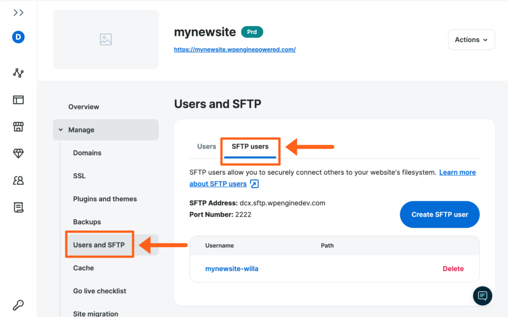 Screenshot of an environment's SFTP Users page in the WP Engine User Portal 