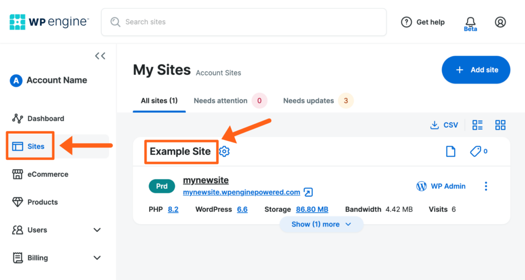 Screenshot of the Sites page in the WP Engine User Portal showing where to click on a site name