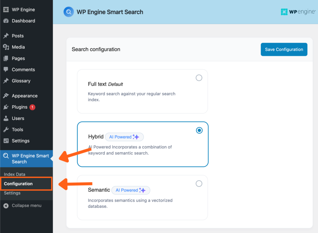 Screenshot of the WP Engine User Portal showing where to change Configuration Settings in the WP Engine Smart Search plugin.