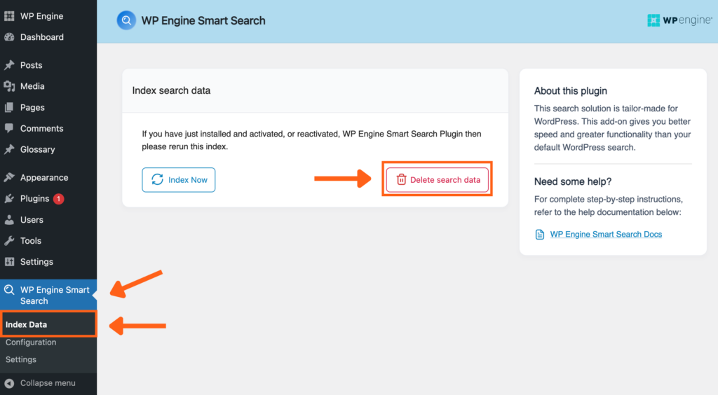 Screenshot of the WP Engine User Portal showing where to Delete Search Data in the WP Engine Smart Search plugin.