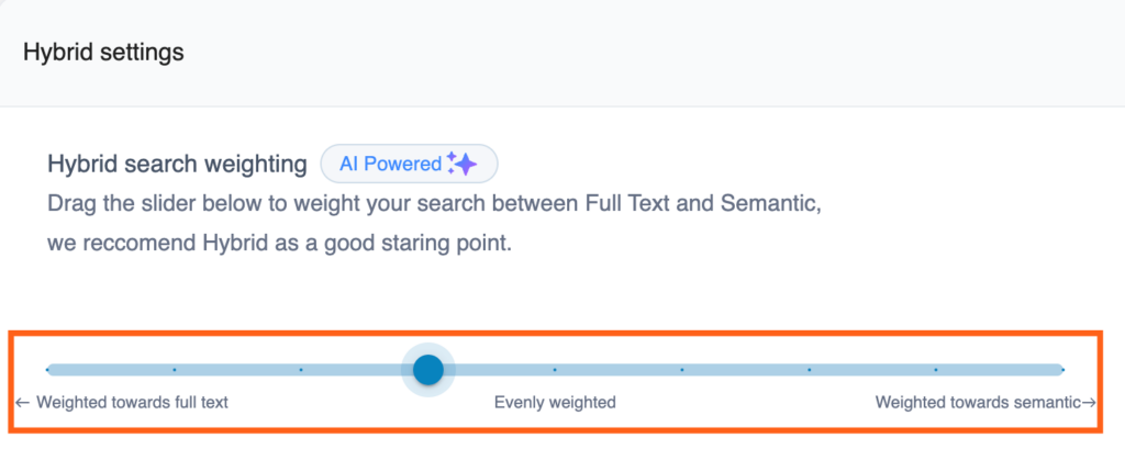 Screenshot of the WP Engine User Portal showing where to change Hybrid Search Weighting Settings in the WP Engine Smart Search plugin.