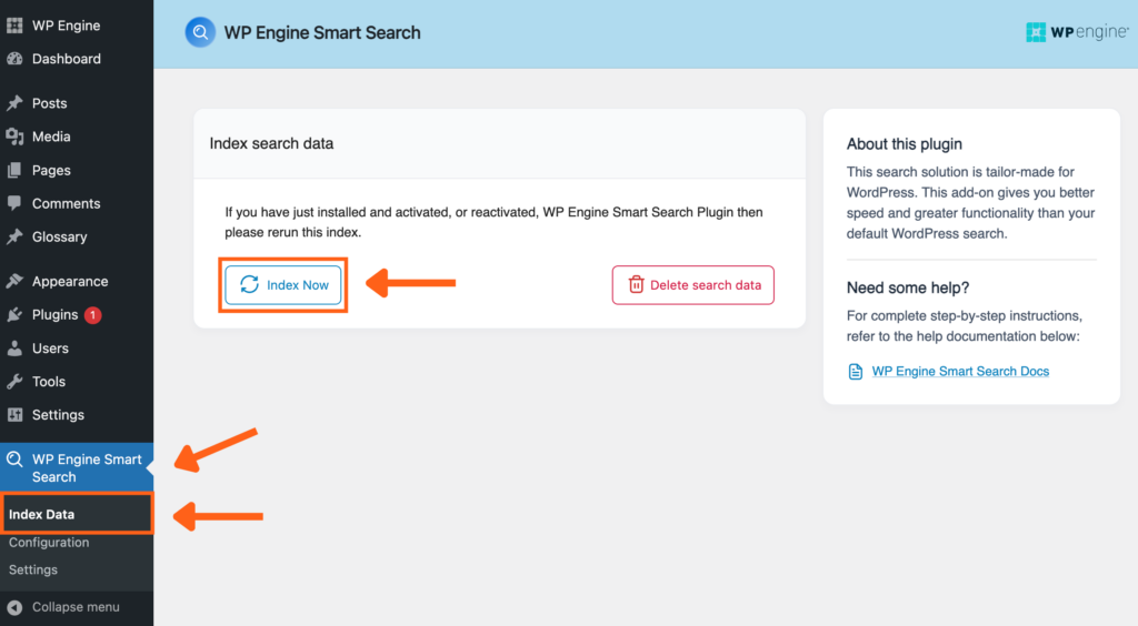 Screenshot of the WP Engine User Portal showing where to Index Data in the WP Engine Smart Search plugin.