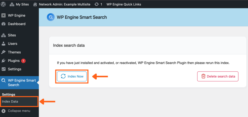 Screenshot of the WP Engine User Portal showing where to Index Data for Multisite in the WP Engine Smart Search plugin.