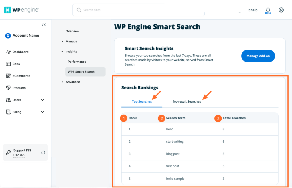 Screenshot of the Smart Search Insights page in the WP Engine User Portal showing Top Searches tab