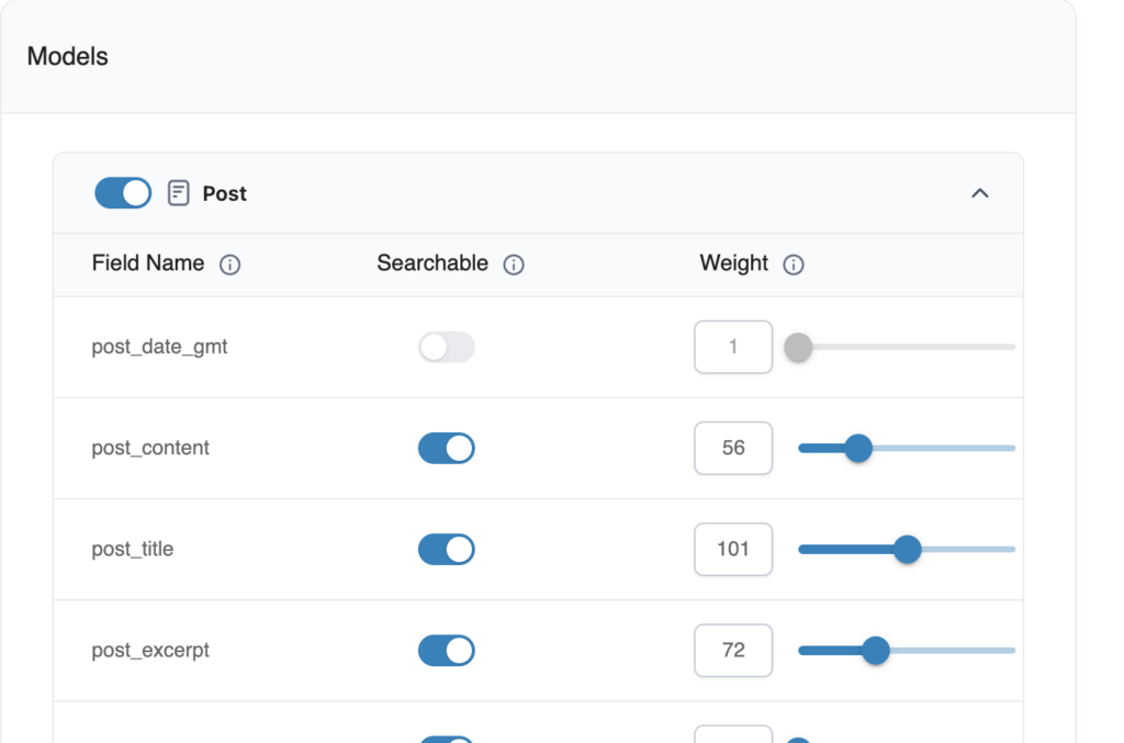 Screenshot of the WP Engine User Portal showing where to change settings for Post Type Models in the WP Engine Smart Search plugin.