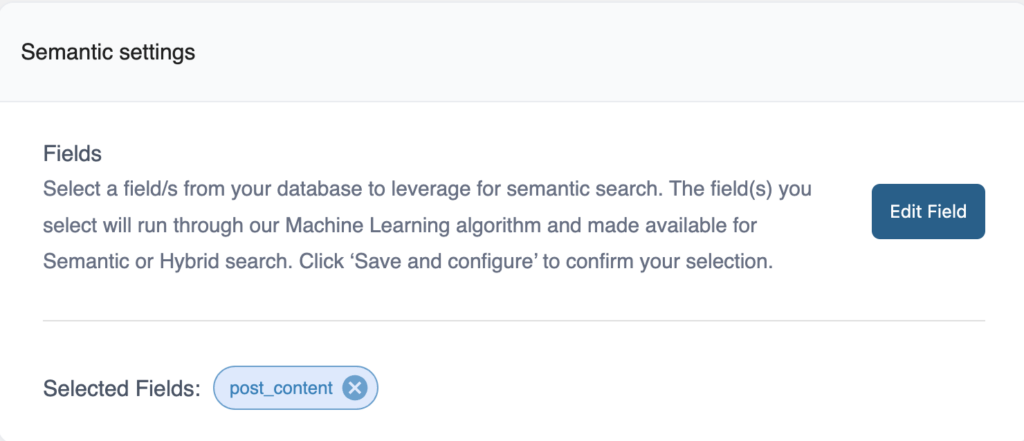 Screenshot of the WP Engine User Portal showing where to change Semantic Fields Settings in the WP Engine Smart Search plugin.