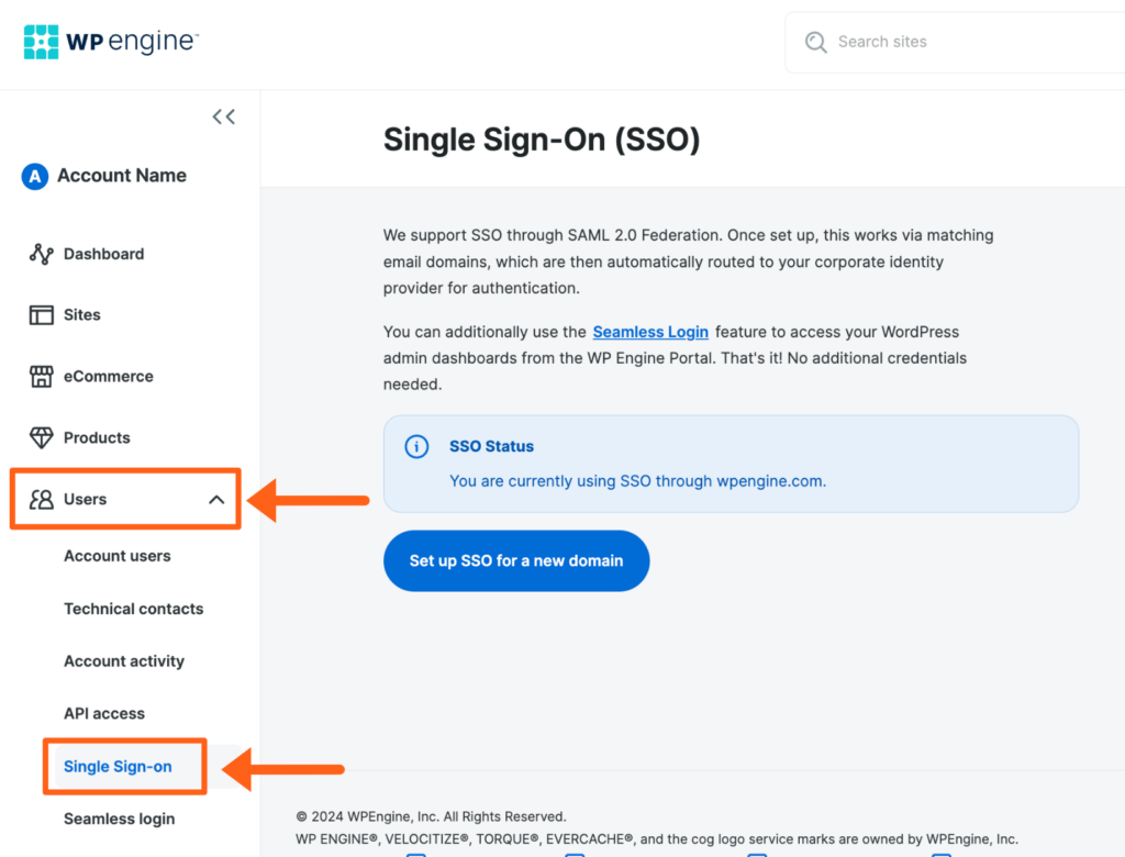 Screenshot of the Single Sign-on page in the WP Engine User Portal