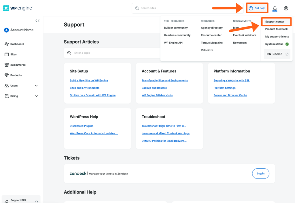Screenshot of the Support page in the WP Engine User Portal 