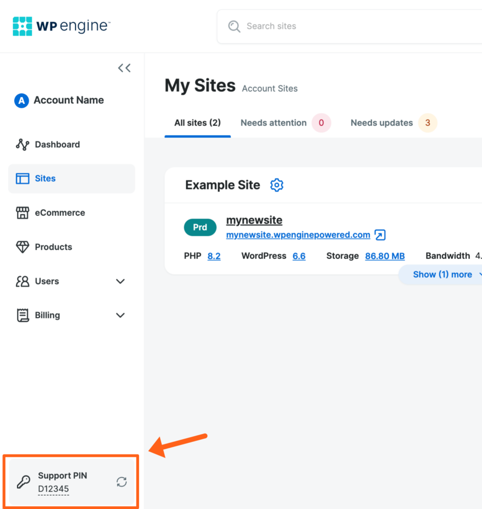 Screenshot of the WP Engine User Portal showing the Support Pin in the bottom of the left sidebar
