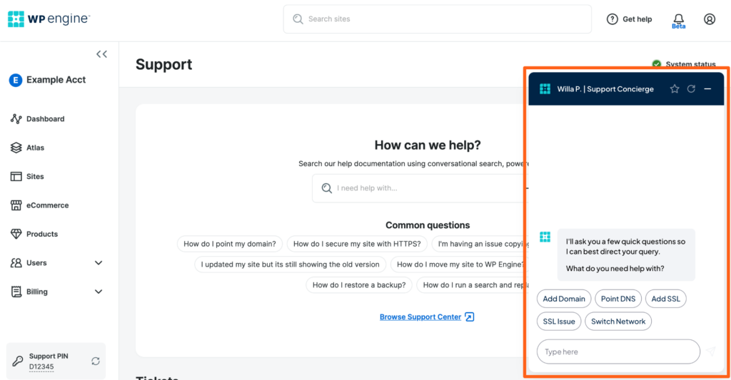 Screenshot of the Support page in the WP Engine User Portal showing the Forethought AI chatbot Willa