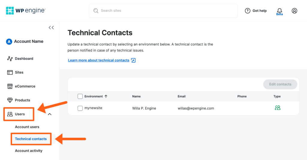Screenshot of the Technical Contacts page in the WP Engine User Portal 