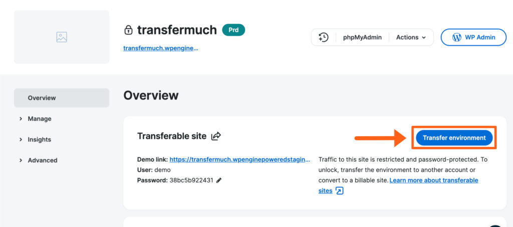 Screenshot of an environment's Overview page in the WP Engine User Portal showing the button to transfer an environment