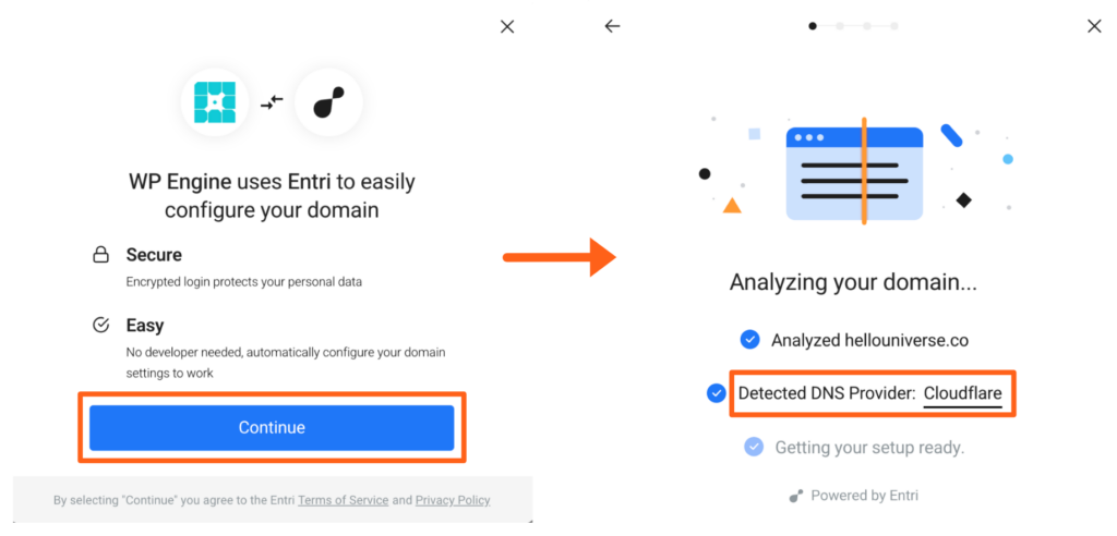 Screenshot of the domains page in the WP Engine User Portal showing the popups to confirm and continue connecting with Entri