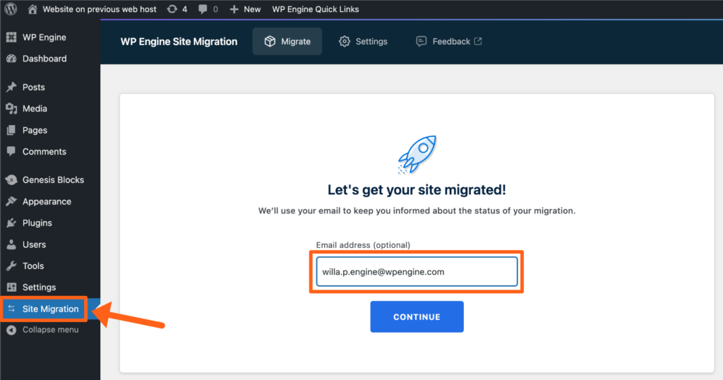 The WP Engine Site Migration plugin page in the WordPress dashboard showing the email address field to receive migration status