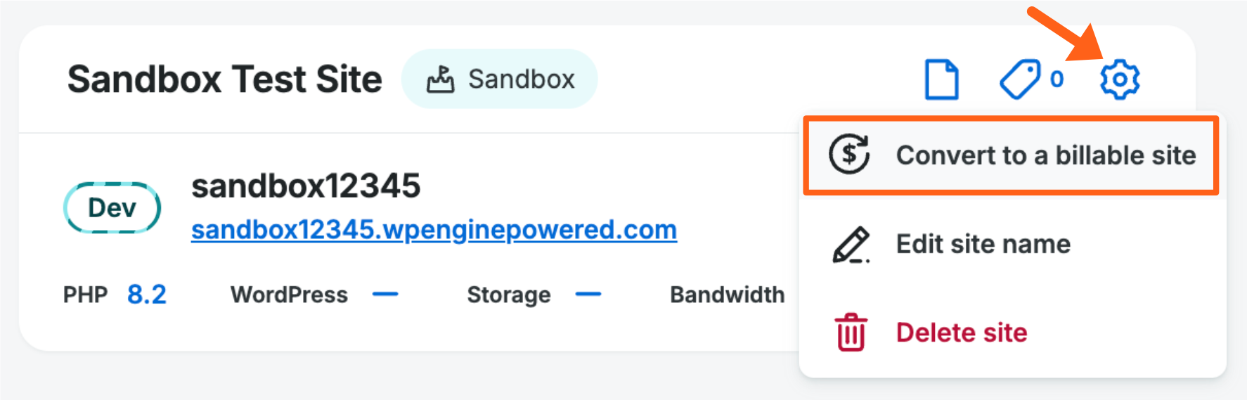 Screenshot of the Sites page in the WP Engine User Portal showing the option to convert a Sandbox site to a live billable site