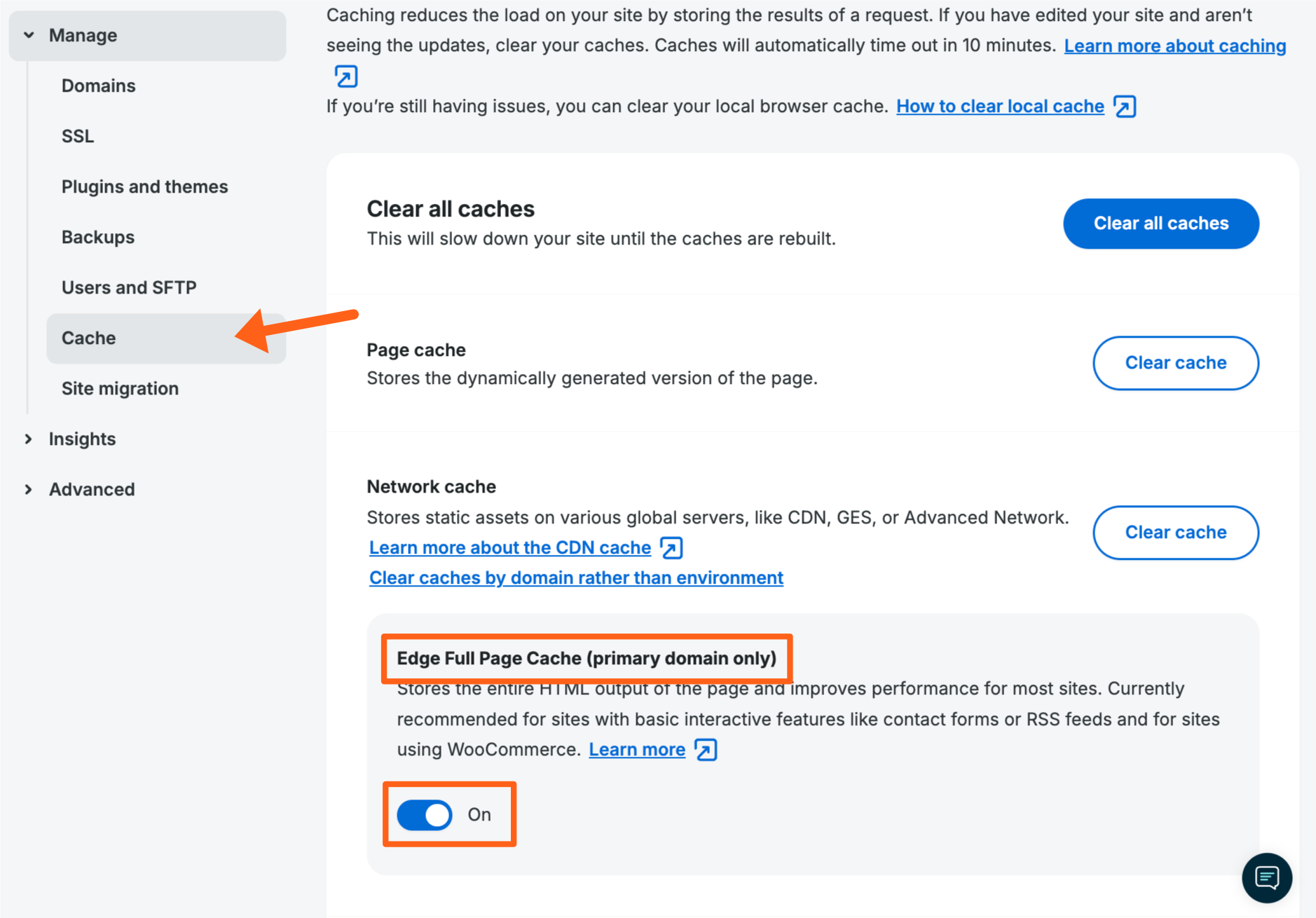 Screenshot of an environment's Cache page in the WP Engine User Portal showing how to enable Edge Full Page Cache for a site's Primary domain