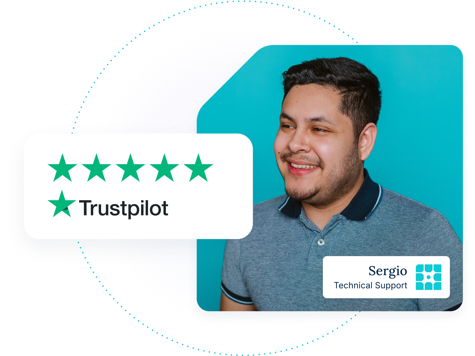 Sergio in support with a graphic showing a 5 star rating