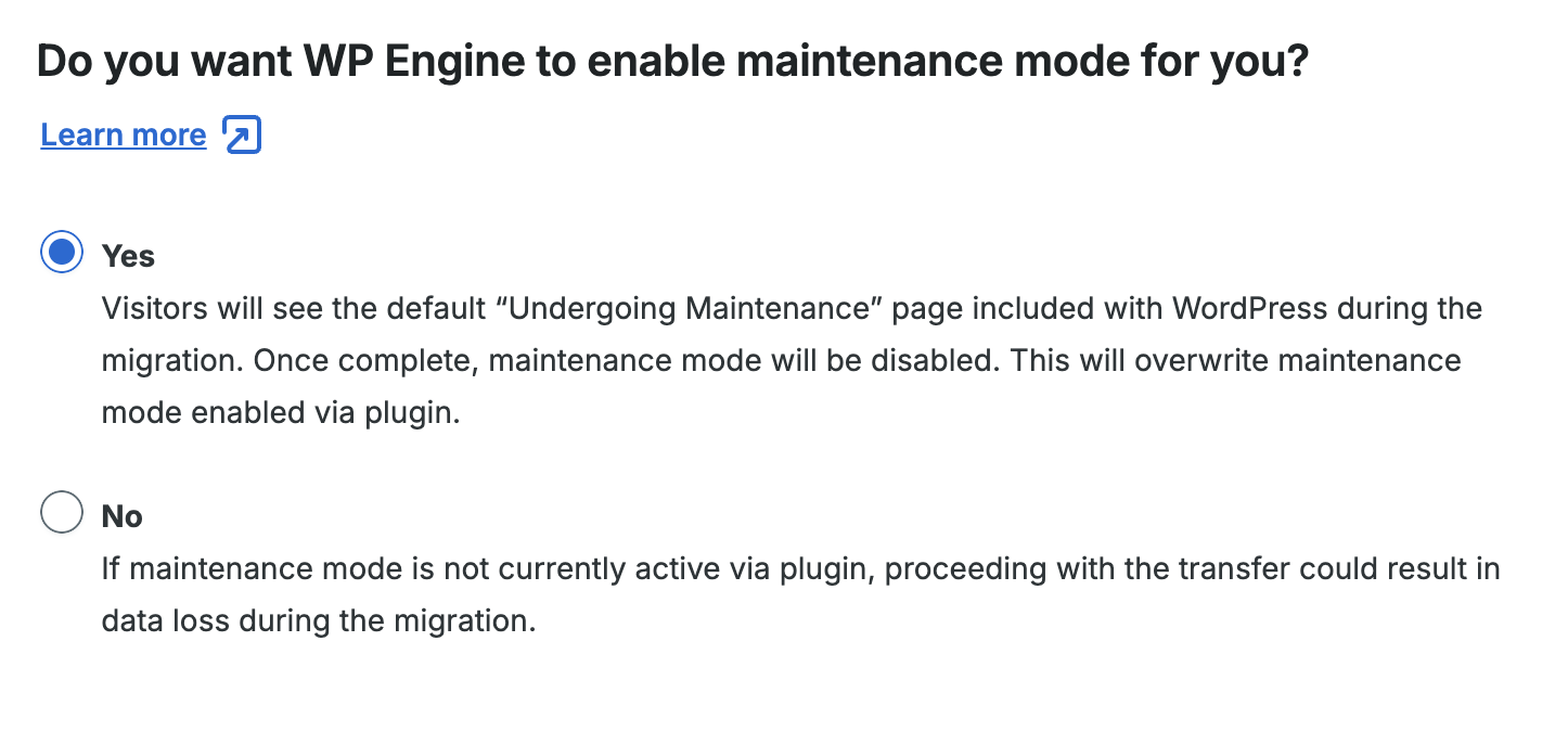 Screenshot of the option to enable maintenance mode for a site transfer from an environment's overview page in the WP Engine User Portal 