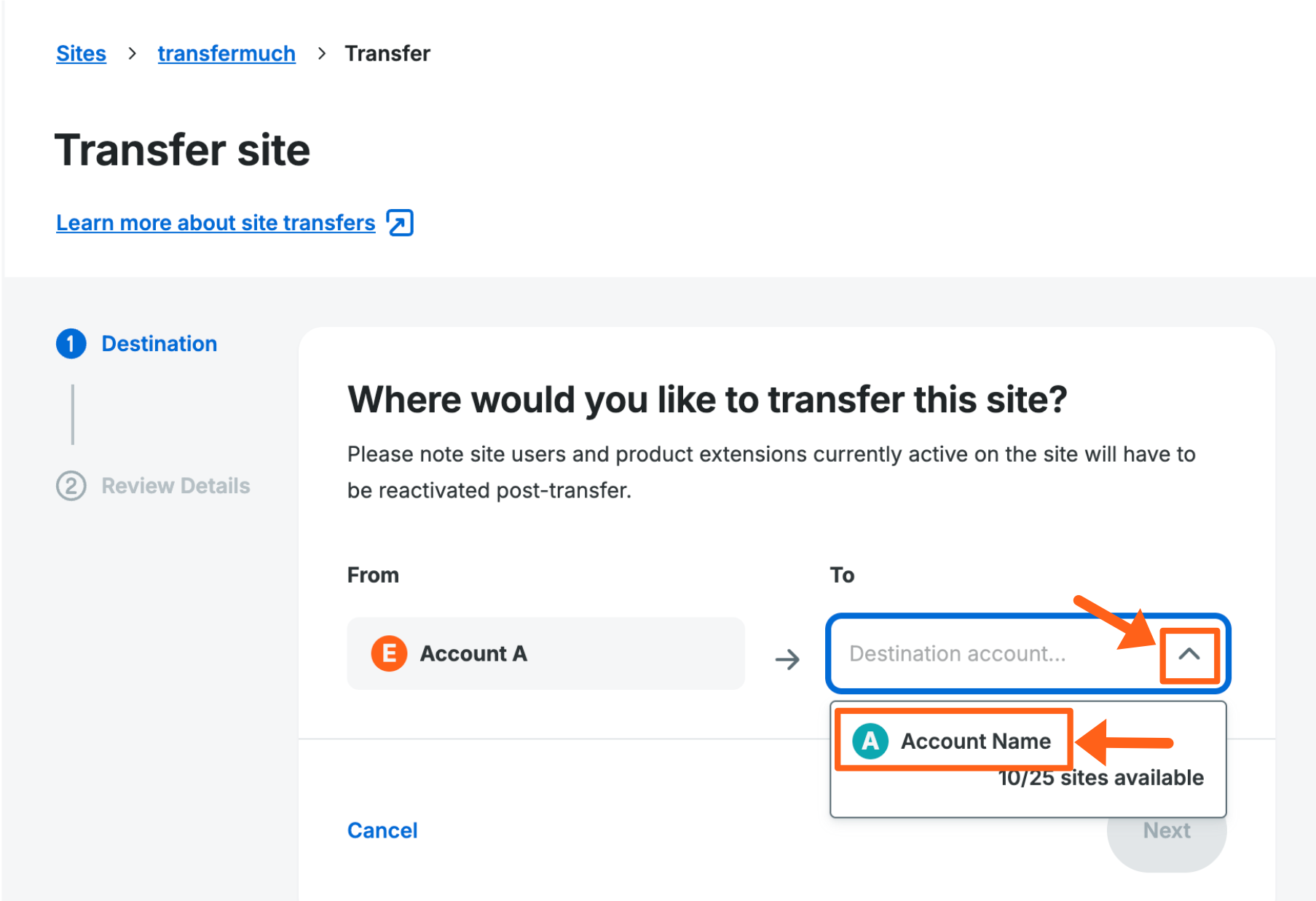 Screenshot of the menu option to select a destination account for a site transfer from an environment's overview page in the WP Engine User Portal 