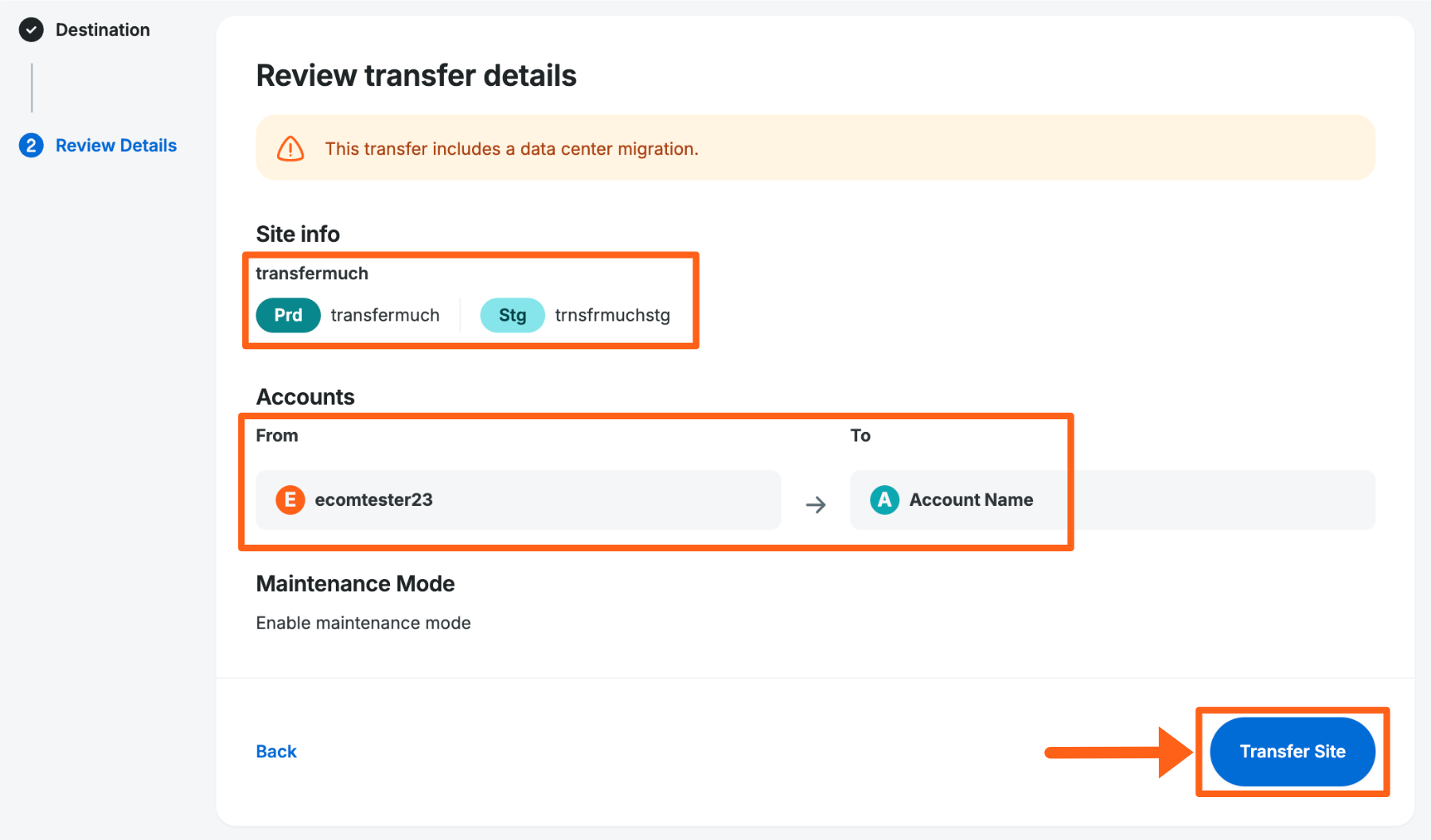 Screenshot of the confirmation page before initiating a site transfer from an environment's overview page in the WP Engine User Portal 