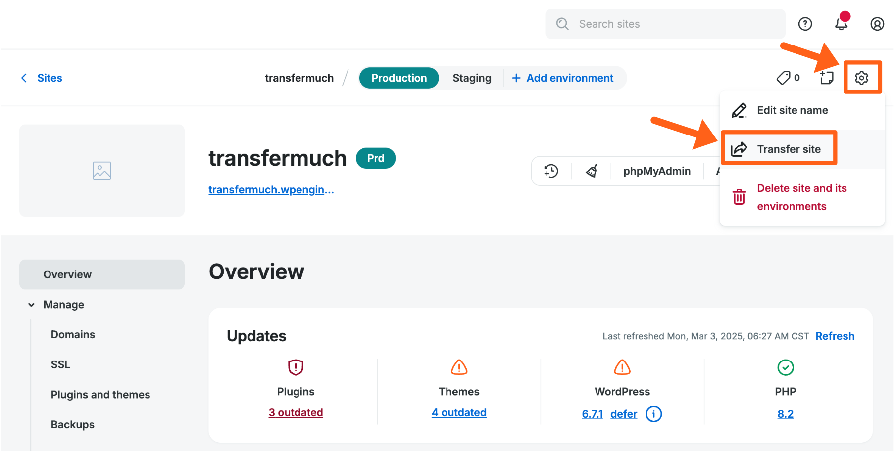 Screenshot of the menu option to start a site transfer from an environment's overview page in the WP Engine User Portal 