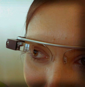 Woman looking at Google Glass