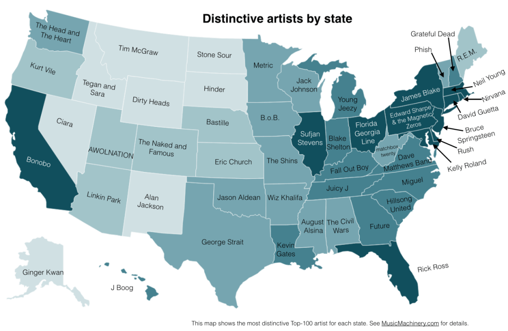 Map of U.S. States' Favorite Bands