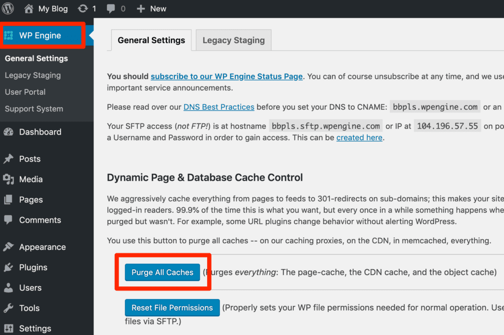WP Engine WordPress Dashboard Caching
