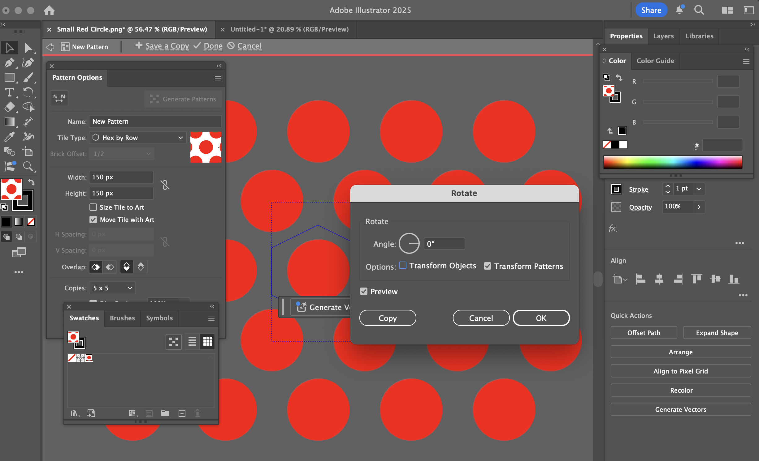 Transforming a pattern in Illustrator, in this case by rotating it.