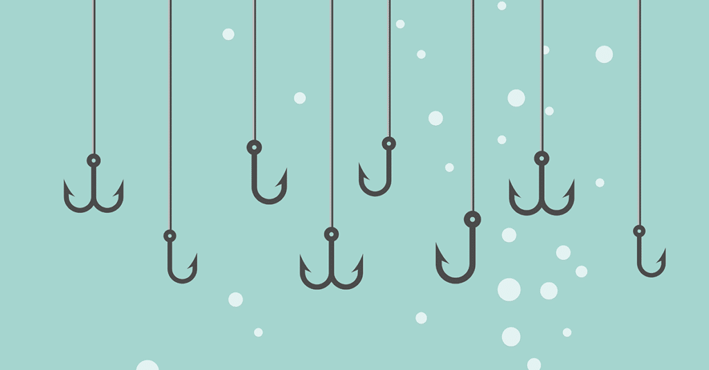 a series of illustrations of fishing hooks on strings with several bubbles surrounding them on a greenish-blue background
