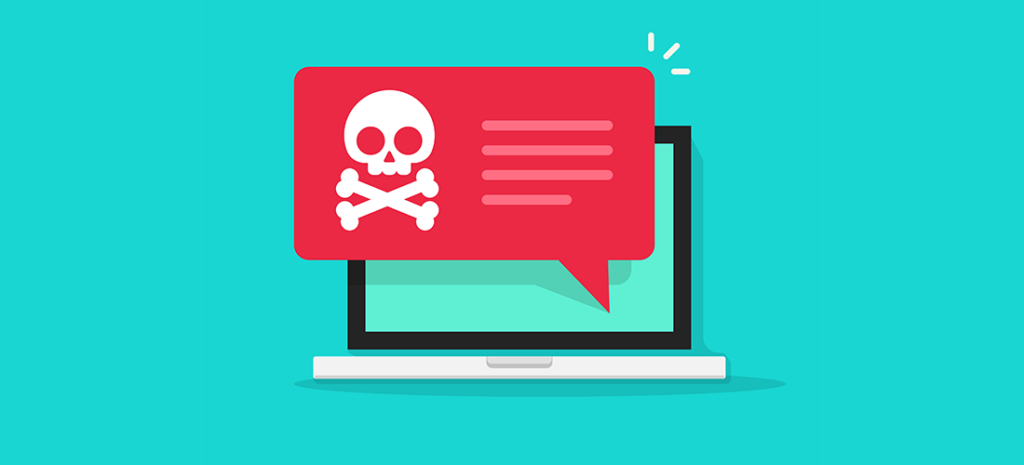 a laptop icon with a red notification bearing a skull and crossed bones on a light blue background