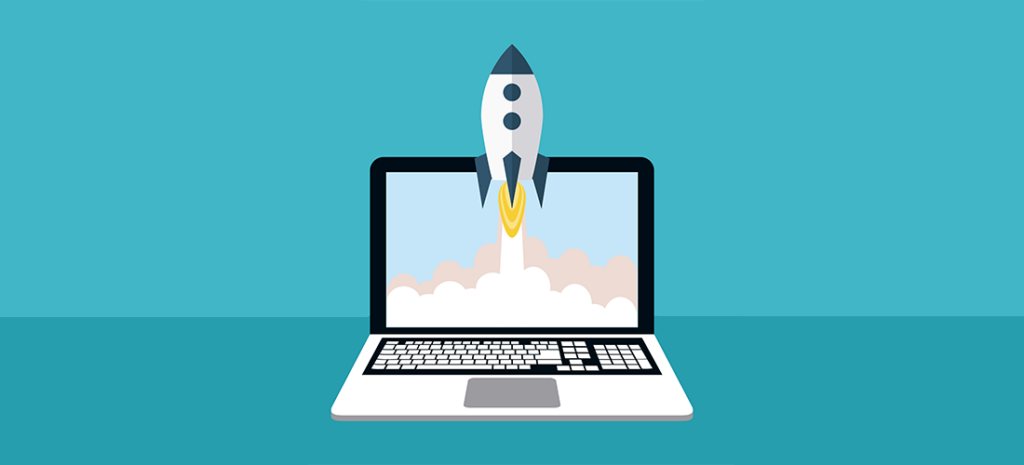 How to Improve Your WordPress Site Speed and Performance. illustration of a rocket icon launching from a laptop on a blue background