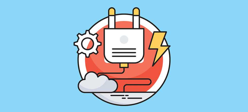an icon of the male end of a plug to denote a plugin. the plug is white and situated next to a white settings cog, a white cloud, and a yellow lightning bolt within an orange circle on a blue background