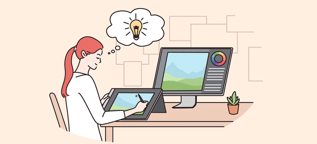 an illustration of a designer sketching on a tablet while seated at her computer at a desk. A thought bubble with a light bulb inside extends from her forehead.