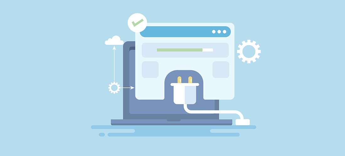 a computer icon with a large plug coming from the interface on a light blue background