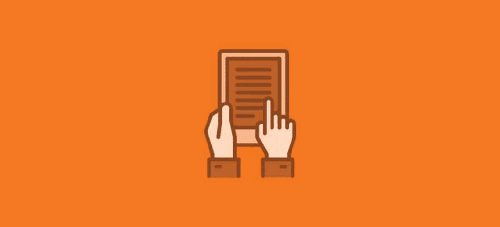 icon depicting a hand using a tablet on an orange background