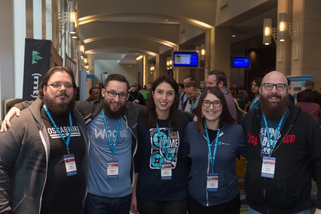 WordCamp US attendees Zach Stephek, Andrew Wikel, Darcy Wheeler, Shayda Torabi, and Scott Drichel pose for the camera. 