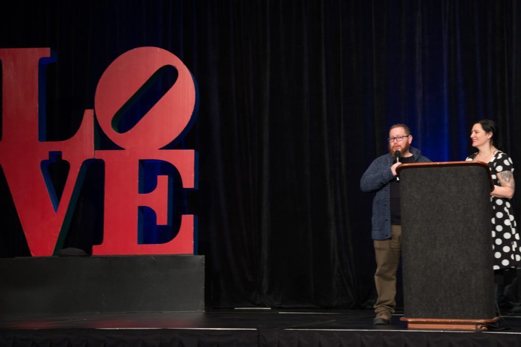 Two of the event's organizers, Alex Block and Cami Kaos, kicked off WordCamp US with opening remarks where they thanked all the sponsors, volunteers, and organizers for making this event possible. 