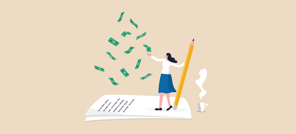 Ways to monetize your blog. illustration shows a woman standing on a page with a large pencil while money falls from above