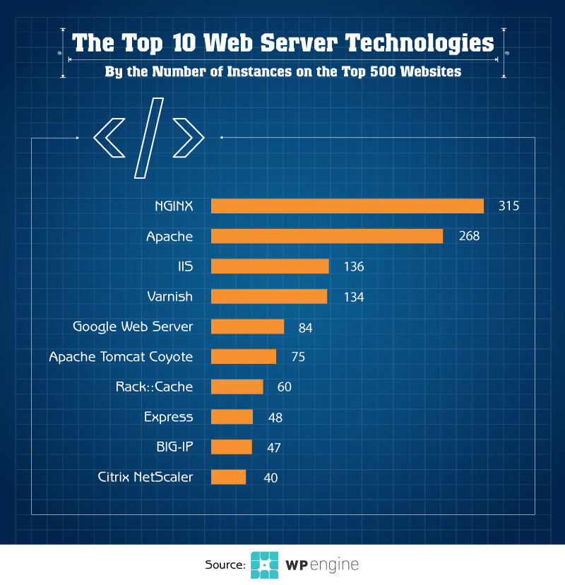 The top 10 web server technologies by the number of instances on the top 500 websites