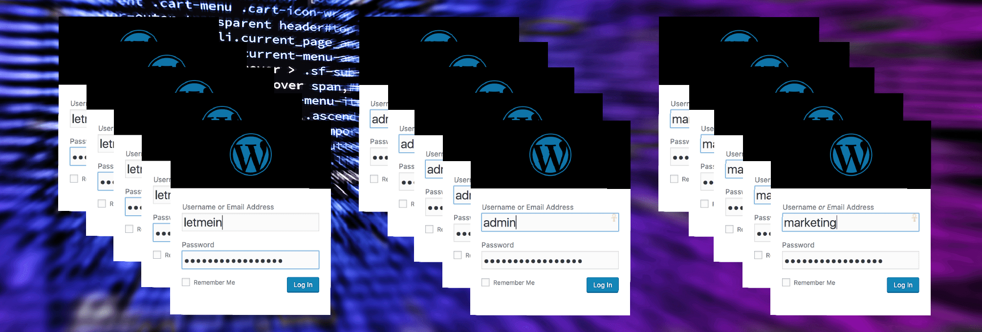 multiple usernames and passwords being attempted simultaneously, indicating a brute force login attempt