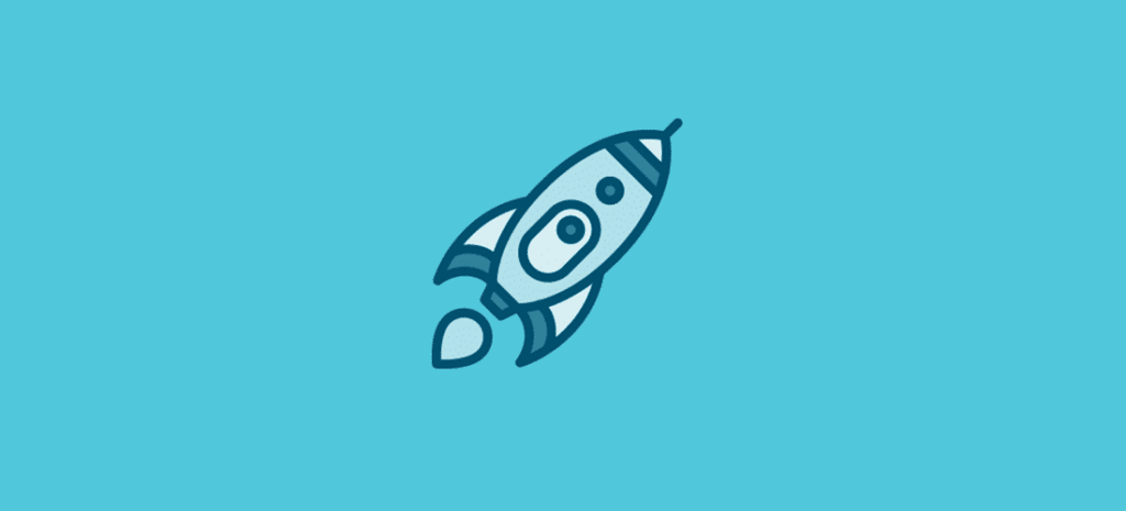 a blue icon of a rocket on a lighter blue background