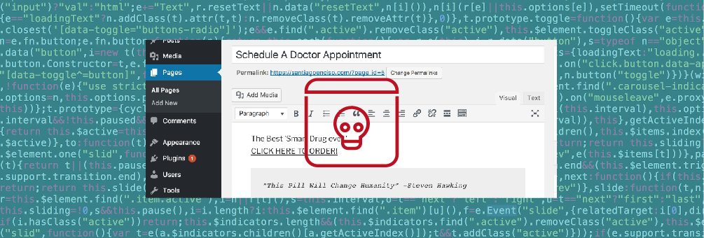 a red skull icon overlaid onto a screenshot of the admin dashboard view of a WordPress site page