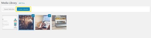 Delete Selected button in WordPress Media Library. delete unused files and images in WordPress media library