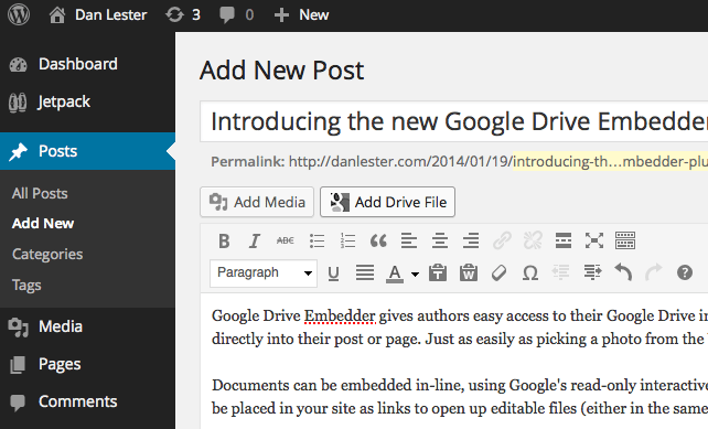 How to Integrate Google Docs with WordPress. Inside a WordPress post, the "Add Drive File" button is visible next to the "Add Media" button