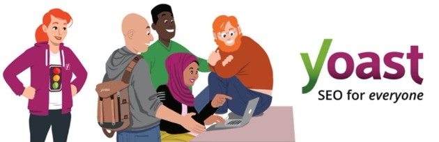 Yoast SEO logo next to cartoon illustration of a team collaborating at a laptop