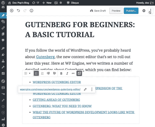 The advanced settings bar in Gutenberg 