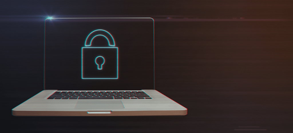 WordPress Security and Antivirus Plugins. a laptop with a blue lock icon displayed on a black background